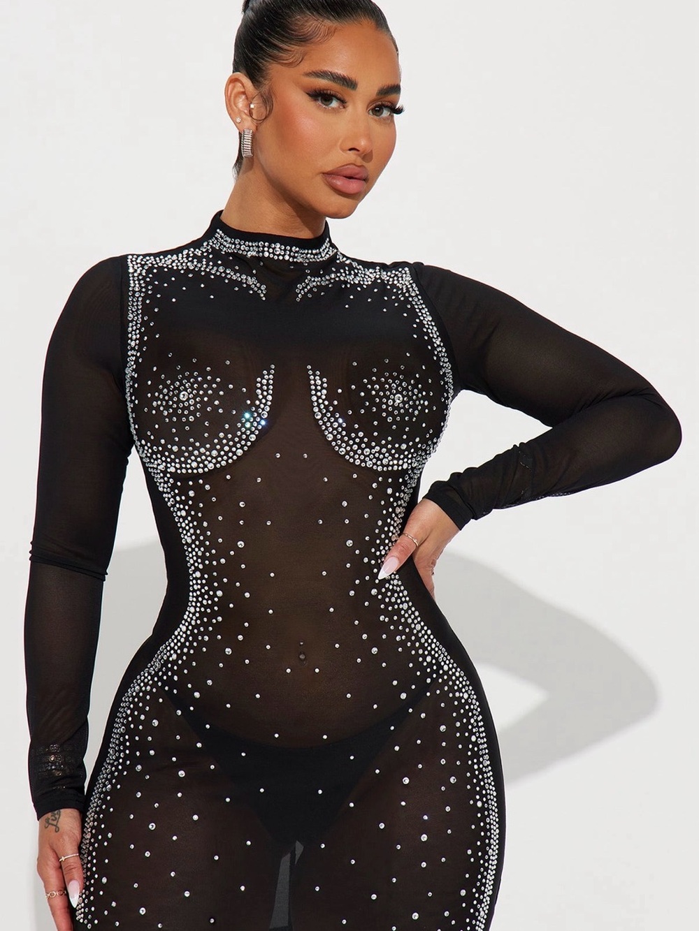 Black Sheer Rhinestone Embellished Long Sleeve Mini Dress